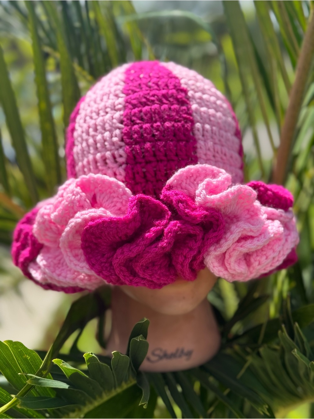Handcrafted Pink Crochet Ruffle Bucket Hat - Picture 5 of 6
